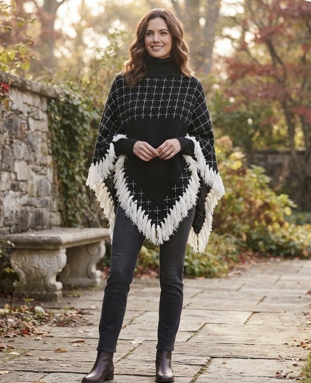 Turtleneck Knit Poncho Black And White Fringe Fall Sweater One Size Cozy Boho
